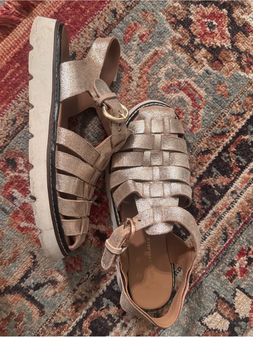 Anthropologie Metallic Rose Gold Woven Sandals